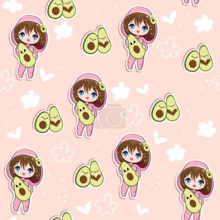 Illustration for Cute stickers with cartoon anime girl and avocado on a pink background seamless pattern. Vector illustration print for children t-shirt - Royalty Free Image