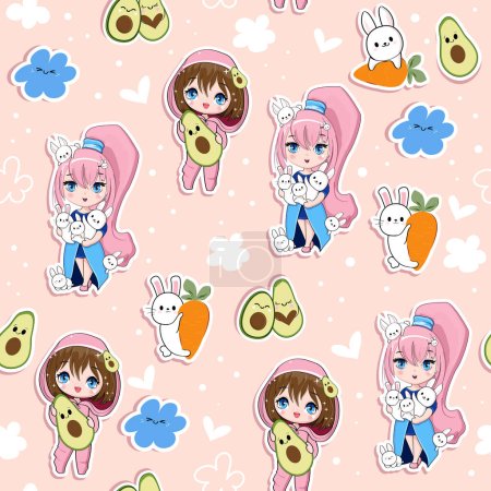 Illustration for Cute stickers with cartoon anime girls, bunny and avocado on a pink background seamless pattern. Vector illustration print for children t-shirt - Royalty Free Image