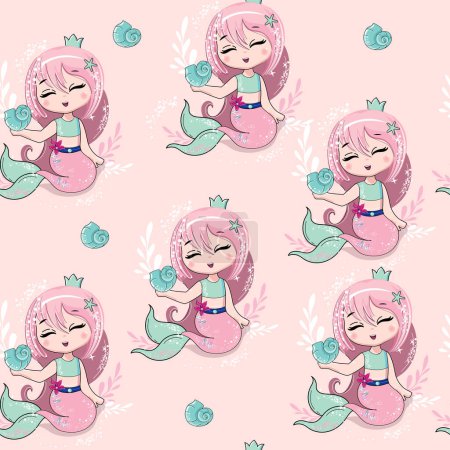 Illustration for Summer mermaid on a pink background seamless pattern. Vector cartoon illustration. Art for kids - Royalty Free Image