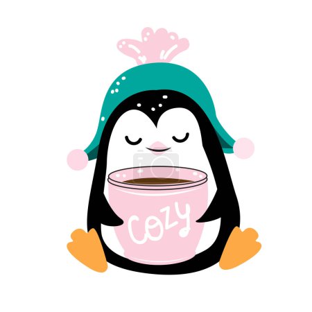 Illustration for A funny penguin and pink cup. Vector illustration for christmas and new year. Doodle style - Royalty Free Image