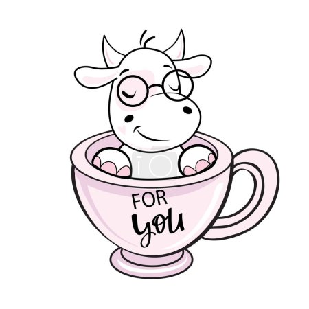 Téléchargez les illustrations : Une jolie vache blanche est assise dans une tasse rose et une inscription pour vous. Symbole 2021. Illustration vectorielle de dessin animé. - en licence libre de droit