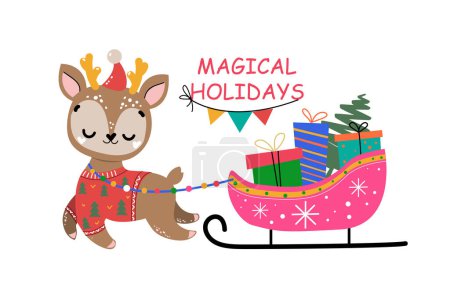 Illustration for Beautiful cartoon Christmas deer and sleigh with gifts. Vector illustration for the new year. Scandinavian style - Royalty Free Image