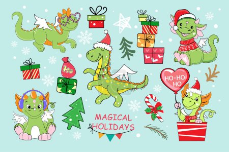 Téléchargez les illustrations : Bel ensemble avec des dragons et des cadeaux de Noël dessin animé. Illustration vectorielle pour le Nouvel An chinois - en licence libre de droit