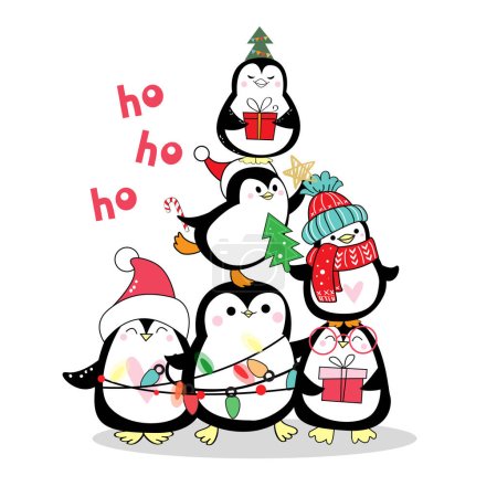 Téléchargez les illustrations : Carte de Noël et Nouvel An d'un arbre fait de pingouins. Illustration vectorielle de dessin animé - en licence libre de droit