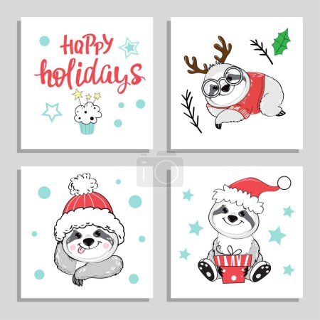 Téléchargez les illustrations : Cartes de Noël et du Nouvel An avec ours paresseux drôles. Illustration vectorielle de dessin animé pour les vacances d'hiver - en licence libre de droit