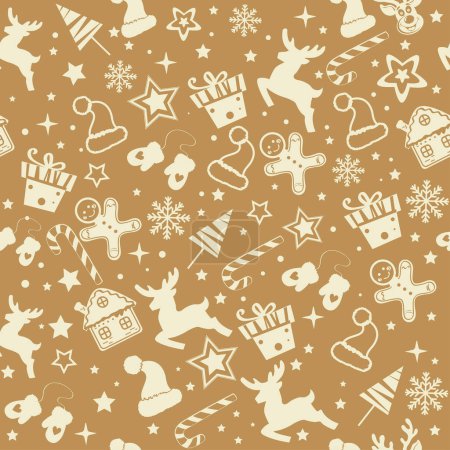 Téléchargez les illustrations : Christmas and New Year seamless pattern with deer, snowflakes, Santa Claus hats and other Christmas decor on beige background. - en licence libre de droit