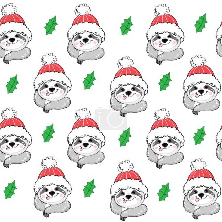 Téléchargez les illustrations : Noël et Nouvel An ours paresseux drôles. Illustration vectorielle de dessin animé pour les vacances d'hiver motif sans couture - en licence libre de droit