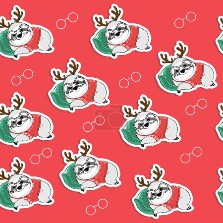 Téléchargez les illustrations : Noël et Nouvel An paresseux motif sans couture sur un fond rouge. Illustration vectorielle de dessin animé - en licence libre de droit
