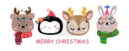 Téléchargez les illustrations : Têtes d'animaux de Noël dans le style doodle. Cerf, lapin, pingouin et ours. Illustration vectorielle - en licence libre de droit
