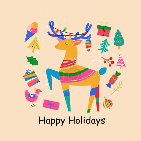 Ilustración de Tarjeta navideña de ciervos y elementos navideños en estilo vintage. Ilustración vectorial - Imagen libre de derechos