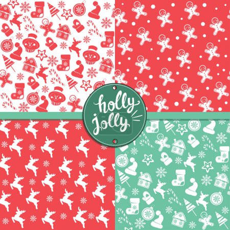 Illustration for Collection of holiday backgrounds with Christmas decor seamless patterns and holly jolly inscription. - Royalty Free Image
