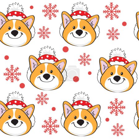 Téléchargez les illustrations : Carte de Noël corgi chiens et flocons de neige sur un fond blanc motif sans couture. Illustration vectorielle de dessin animé - en licence libre de droit
