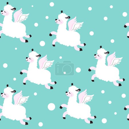 Téléchargez les illustrations : Modèle sans couture de Noël avec lama ailé et neige sur fond bleu - en licence libre de droit