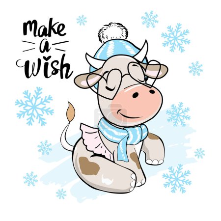 Illustration for Christmas card with a cute winter cow. Vector cartoon illustration. Symbol 2021 - Royalty Free Image