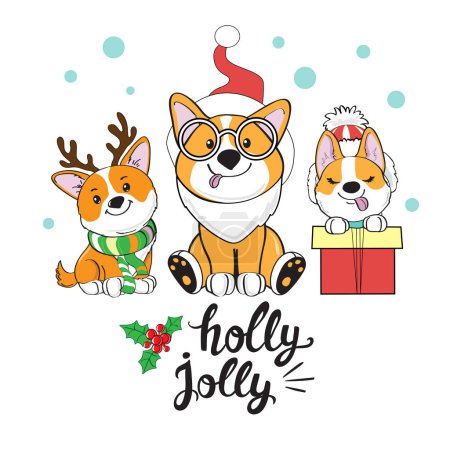 Illustration for Christmas card with funny new year dogs corgi and the inscription holly jolly on a white background. Vector cartoon illustration - Royalty Free Image