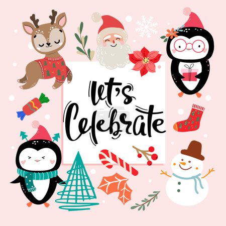 Illustration for Christmas card with funny animals and inscription let's celebrate. Santa, reindeer, penguin, snowman. Vector cartoon illustration Doodle style - Royalty Free Image