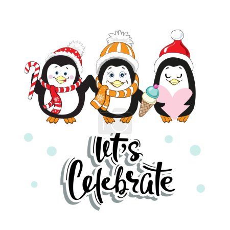 Ilustración de Tarjeta de Navidad con tres divertidos pingüinos e inscripción Celebremos sobre fondo blanco - Imagen libre de derechos