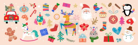 Illustration for Christmas collection in retro style. With traditional xmas elements santa claus, unicorn, penguin, new year decorations. Vector illustration - Royalty Free Image