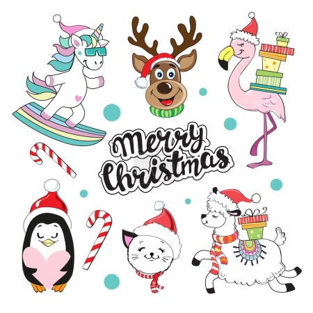 Ilustración de Colección de Navidad con animales divertidos y letras de Feliz Navidad sobre un fondo blanco aislado. Flamenco, Pingüino, Gato, Ciervo de Navidad, Llama y Unicornio - Imagen libre de derechos