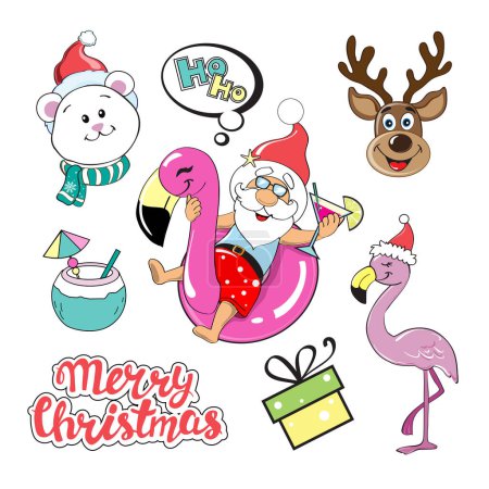 Illustration for Christmas collection with merry santa claus on an inflatable flamingo, rudolph deer and polar bear. Cartoon vector animals - Royalty Free Image