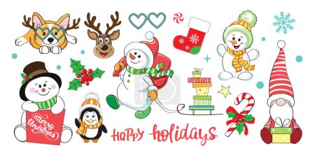 Illustration for Christmas collection with snowman, santa claus, penguin and christmas deer on white background isolated - Royalty Free Image