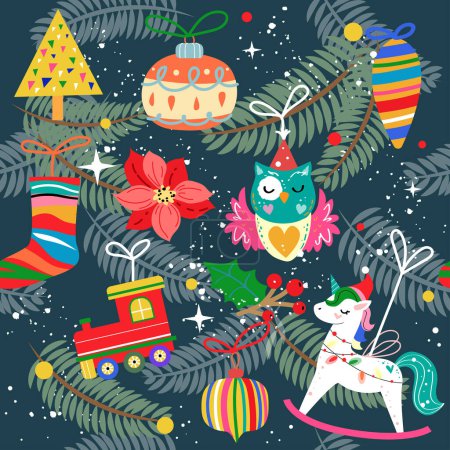 Illustration for Christmas tree decorations elements in vintage style, seamless pattern for children. Vector illustration with unicorn, owl, sock, toy train, Christmas tree, balls and red flower. - Royalty Free Image