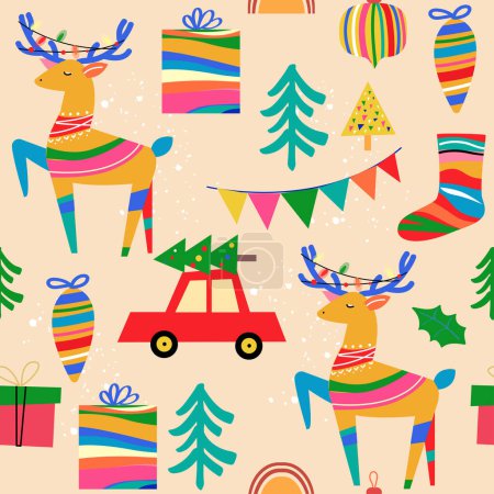 Ilustración de Ciervos de Navidad y elementos de Navidad en el estilo vintage patrón sin costuras. Ilustración vectorial con ciervos, bolas, árbol de Navidad - Imagen libre de derechos