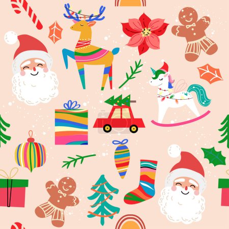 Ilustración de Elementos navideños en estilo vintage sin costuras. Ilustración vectorial con unicornio, ciervo, santa, árbol de Navidad - Imagen libre de derechos