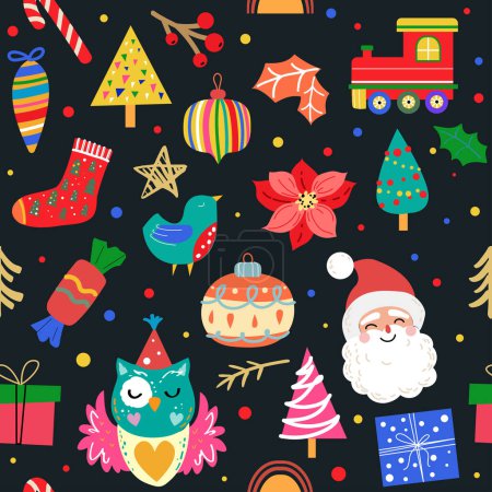 Ilustración de Elementos navideños en estilo vintage sobre un fondo negro sin costuras. Ilustración vectorial - Imagen libre de derechos