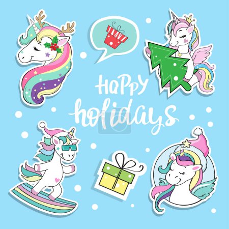 Ilustración de Pegatinas de moda navideña con unicornios sobre fondo azul. Dibujos animados vectoriales ilustración - Imagen libre de derechos