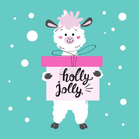Ilustración de Llama de Navidad sostiene cajas con un regalo y la inscripción holly jolly. Tarjeta de Año Nuevo - Imagen libre de derechos