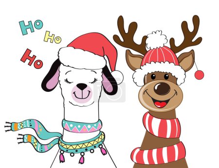 Téléchargez les illustrations : Lama de Noël et cerf de Noël rudolphe. Carte du Nouvel An. Illustration vectorielle de dessin animé - en licence libre de droit