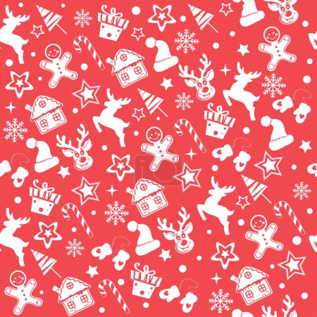 Illustration for Christmas seamless pattern with deer, snowflakes, Santa Claus hats and other Christmas decor on red background. - Royalty Free Image