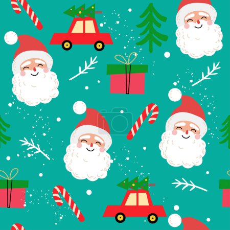 Illustration for Christmas seamless pattern with santa head, new year gifts in vintage style. Vector illustration - Royalty Free Image