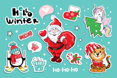 Illustration for Christmas set with stickers of santa, penguin, unicorn and new year tiger. Patches badges. Vector illustration for winter holidays - Royalty Free Image