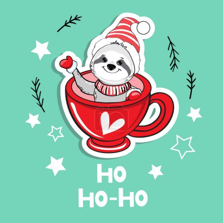 Téléchargez les illustrations : Noël paresseux dans une tasse rouge et l'inscription ho ho ho. Carte postale vectorielle - en licence libre de droit
