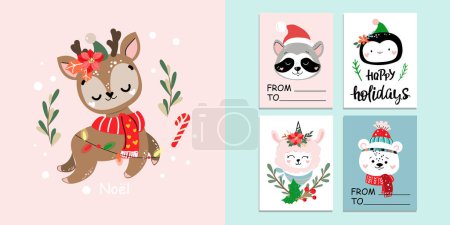 Ilustración de Etiquetas de Navidad con tipografía de animales divertidos. Etiquetas con reno, xmas llama, pingüino, oso polar, mapache - Imagen libre de derechos
