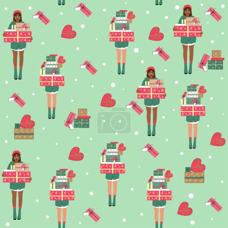 Téléchargez les illustrations : Illustration vectorielle de Noël avec des filles et des cadeaux motif sans couture - en licence libre de droit