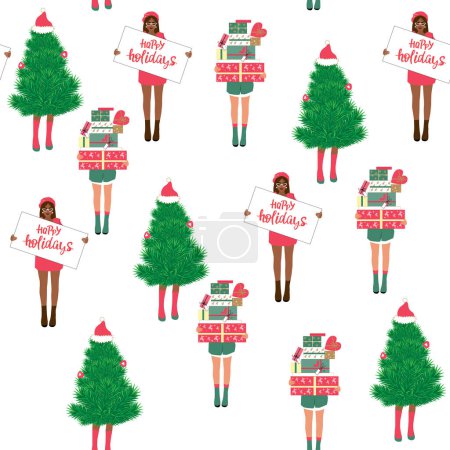 Téléchargez les illustrations : Illustration vectorielle de Noël avec des filles de la nouvelle année, avec des cadeaux et un motif sans couture arbre de Noël - en licence libre de droit