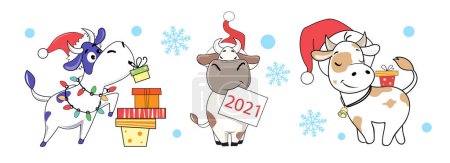 Ilustración de Colección de vacas de Año Nuevo sobre un fondo blanco aislado. Ilustración vectorial. Año nuevo símbolo 2021 - Imagen libre de derechos