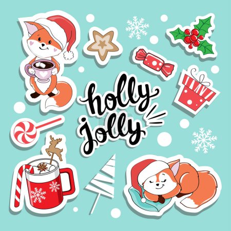 Ilustración de Colección de divertidos zorros de Navidad en sombrero de Santa Claus sobre fondo azul aislado. Insignias de moda parche - Imagen libre de derechos