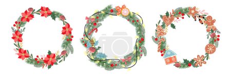 Illustration for Collection of three Christmas, New Year wreaths. Vector illustration decoration xmas template - Royalty Free Image