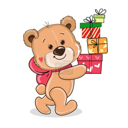 Ilustración de Lindo oso de peluche de dibujos animados lleva cajas con regalos sobre un fondo blanco aislado. Ilustración vectorial para San Valentín y cumpleaños - Imagen libre de derechos