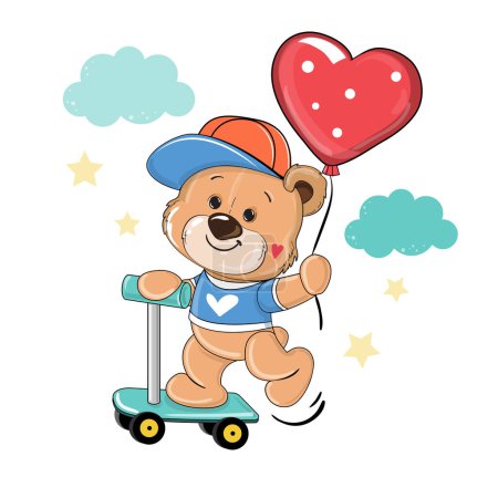 Illustration for Cute cartoon teddy bear on a scooter on a white background isolated. Vector illustration for Valentine's Day. T-shirt design, greeting cards - Royalty Free Image