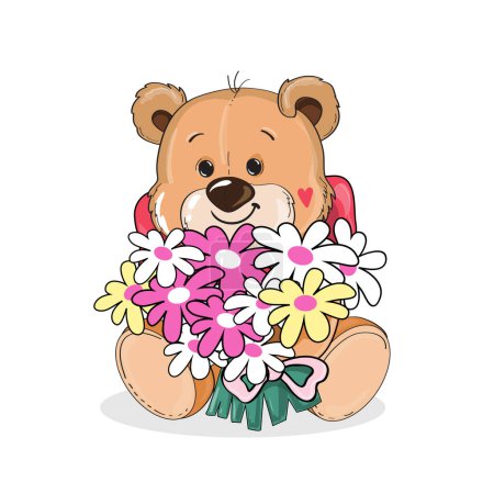 Téléchargez les illustrations : Mignon ours en peluche dessin animé avec un bouquet de fleurs sur un fond blanc isolé. Illustration vectorielle pour la Saint-Valentin et l'anniversaire - en licence libre de droit