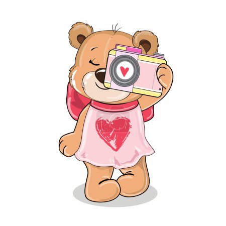 Ilustración de Bonito oso de peluche de dibujos animados con una cámara sobre un fondo blanco aislado. Ilustración vectorial para el día de San Valentín. Diseño camiseta, tarjetas de felicitación - Imagen libre de derechos