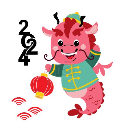 Téléchargez les illustrations : Mignon dragon chinois sur fond blanc isolé. Bonne année Symbole 2024. Illustration vectorielle animaux de dessin animé - en licence libre de droit