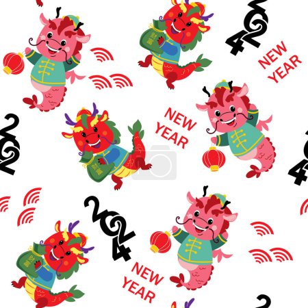Illustration for Cute chinese dragons seamless pattern. Happy New Year Symbol 2024. Vector illustration cartoon animals - Royalty Free Image
