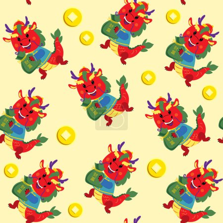 Téléchargez les illustrations : Mignon dragons chinois motif sans couture sur fond jaune. Lettrage de richesse en chinois. Bonne année Symbole de 2024. - en licence libre de droit