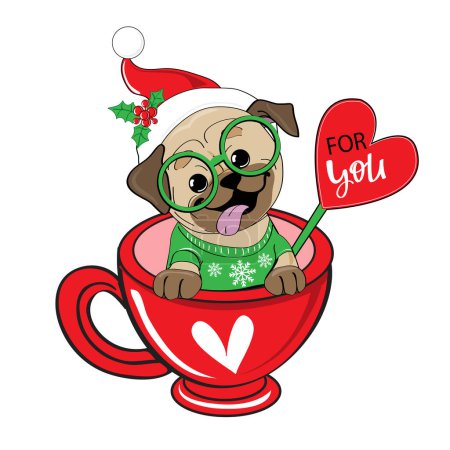 Téléchargez les illustrations : Jolie carte de Noël avec un chien de carlin portant un chapeau santa claus assis dans une tasse rouge. Caricature vectorielle nouvelle année carte postale - en licence libre de droit